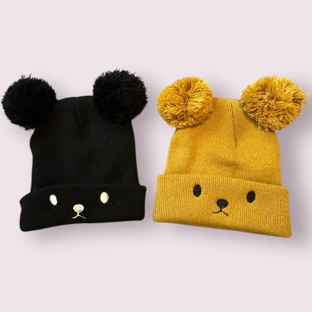 Infant Bear Ear Pom Pom Beanie Set Black Tan Baby Hat OS